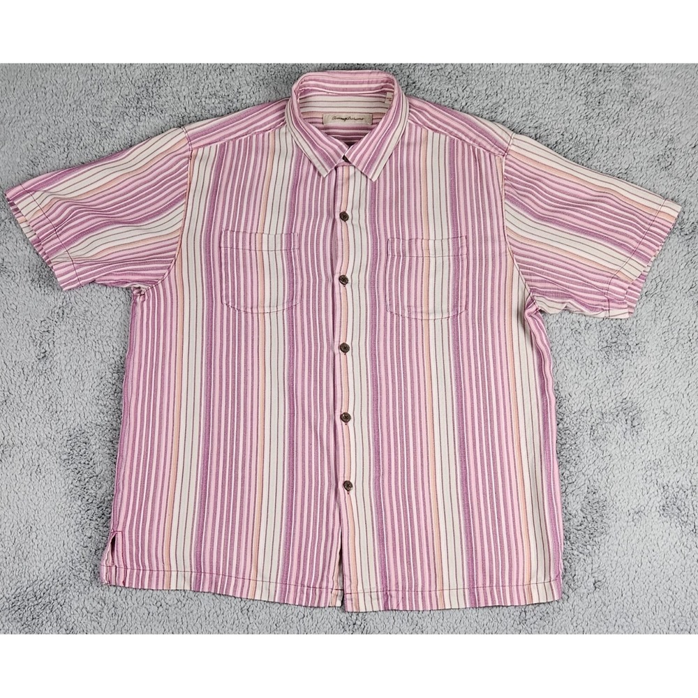 Tommy Bahama Pink Stripe Silk Camp Shirt Men's Large Short Sleeve Casual